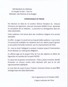 Réintégration d'Ousmane Sonko: le Communiqué de l'Agent Judiciaire de l'Etat 2 communique agent judiciaire