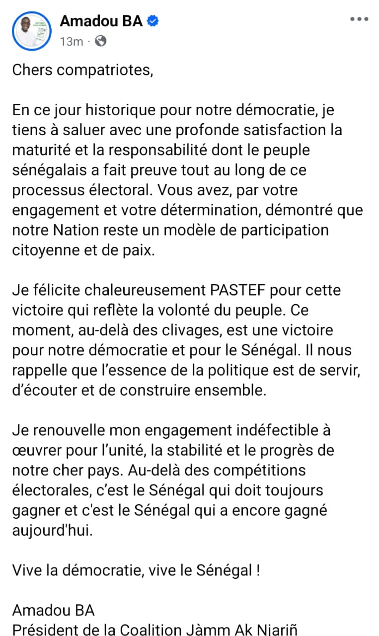 Amadou Ba félicite chaleureusement Pastef pour leur victoire qui reflète la volonté du peuple 2 IMG 20241117 WA0176