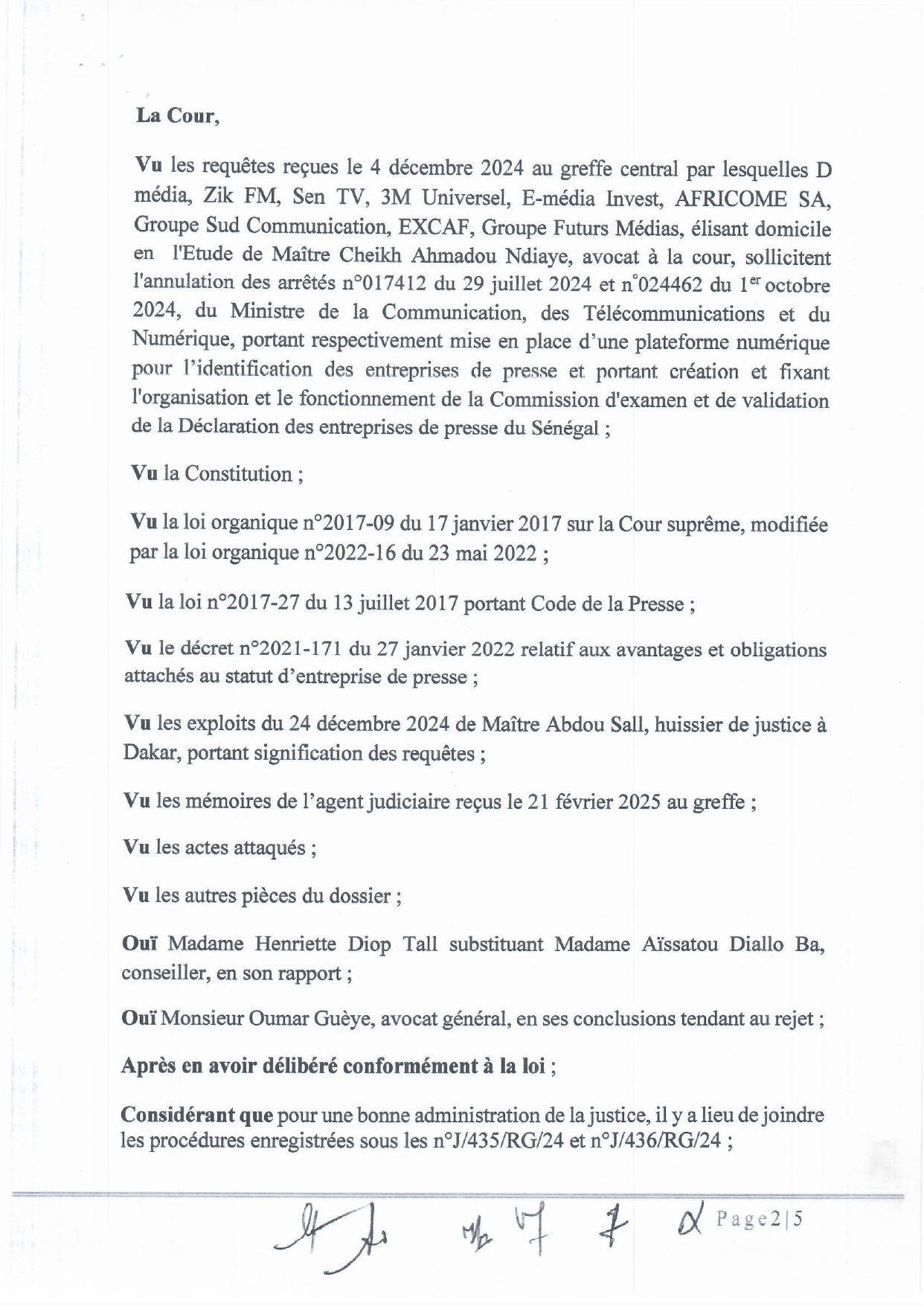 ARRET N°71 RENDU LE 11 DECEMBRE 2025 AFFAIRE D MEDIA ZIK FM SEN TV CONTRE ETAT DU SENEGAL page 0002