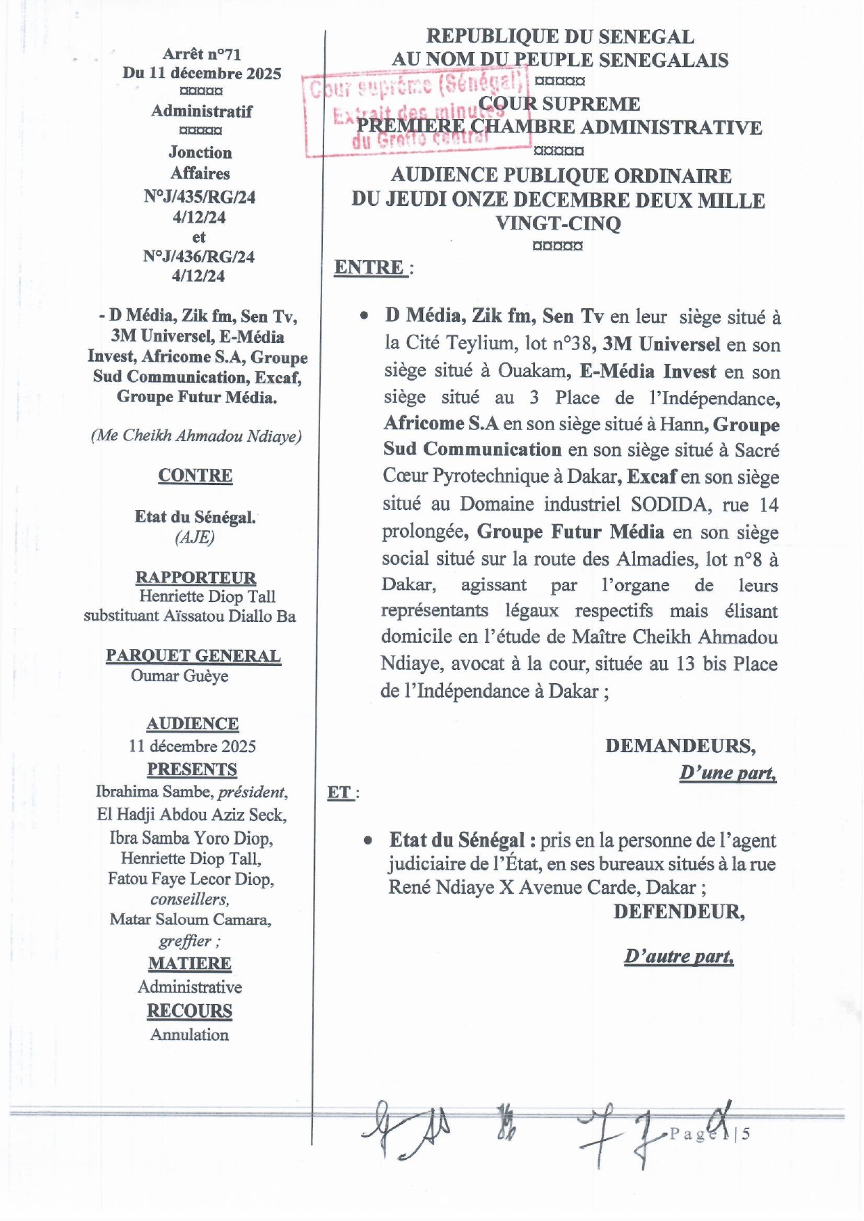 ARRET N°71 RENDU LE 11 DECEMBRE 2025 AFFAIRE D MEDIA ZIK FM SEN TV CONTRE ETAT DU SENEGAL page 0001