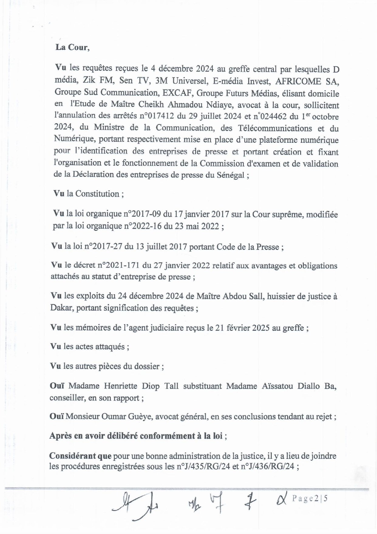Annulation de tous les arrêtés du ministre de la communication : La Cour suprême détaille ses motifs ! 3 ARRET N°71 RENDU LE 11 DECEMBRE 2025 AFFAIRE D MEDIA ZIK FM SEN TV CONTRE ETAT DU SENEGAL page 0002