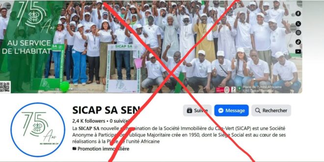 AVIS A LA clientèle, une page Facebook utilise de manière frauduleuse les informations sur les programmes immobiliers de la SICAP SA depuis ce jour. 1 SICAP SA